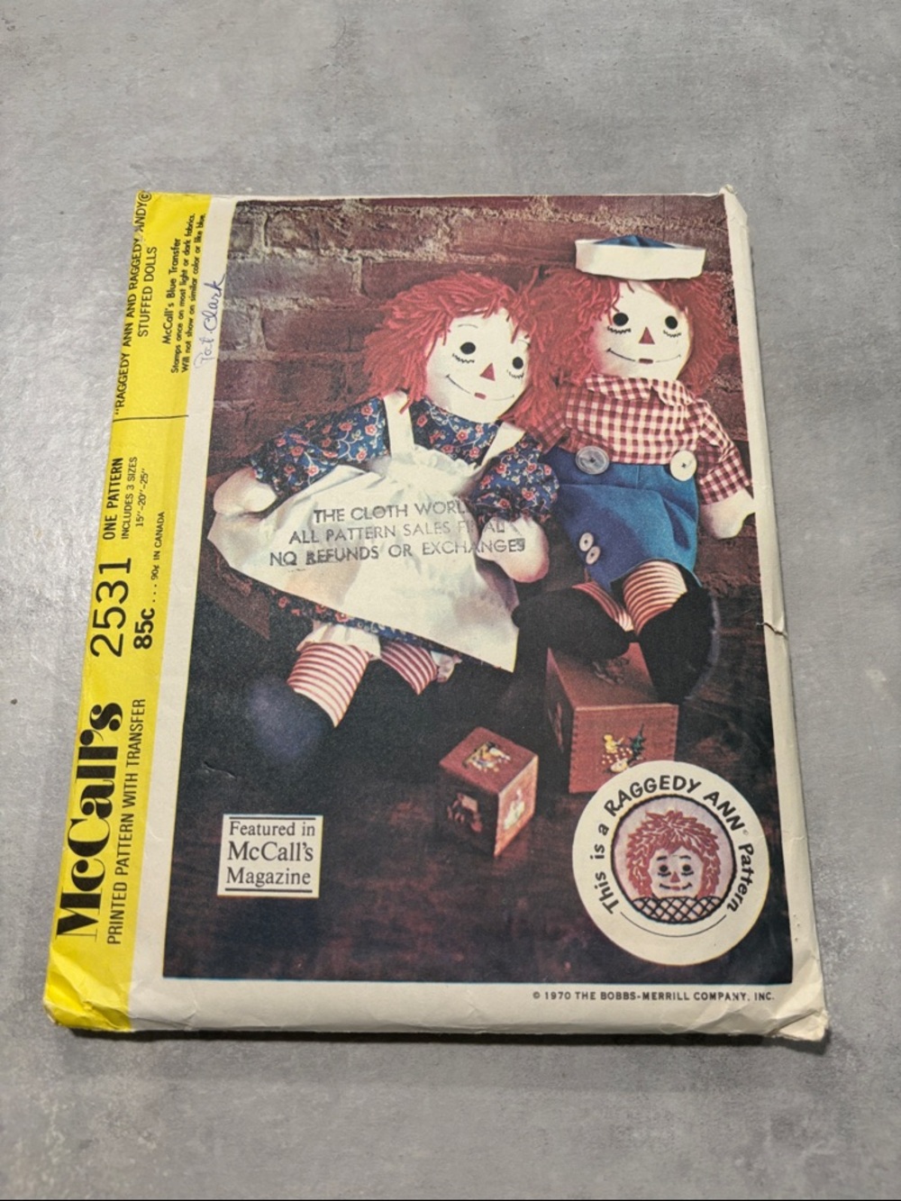 1970's McCalls #2531 Raggedy Ann & Andy Dolls 3 Sizes Printed Pattern